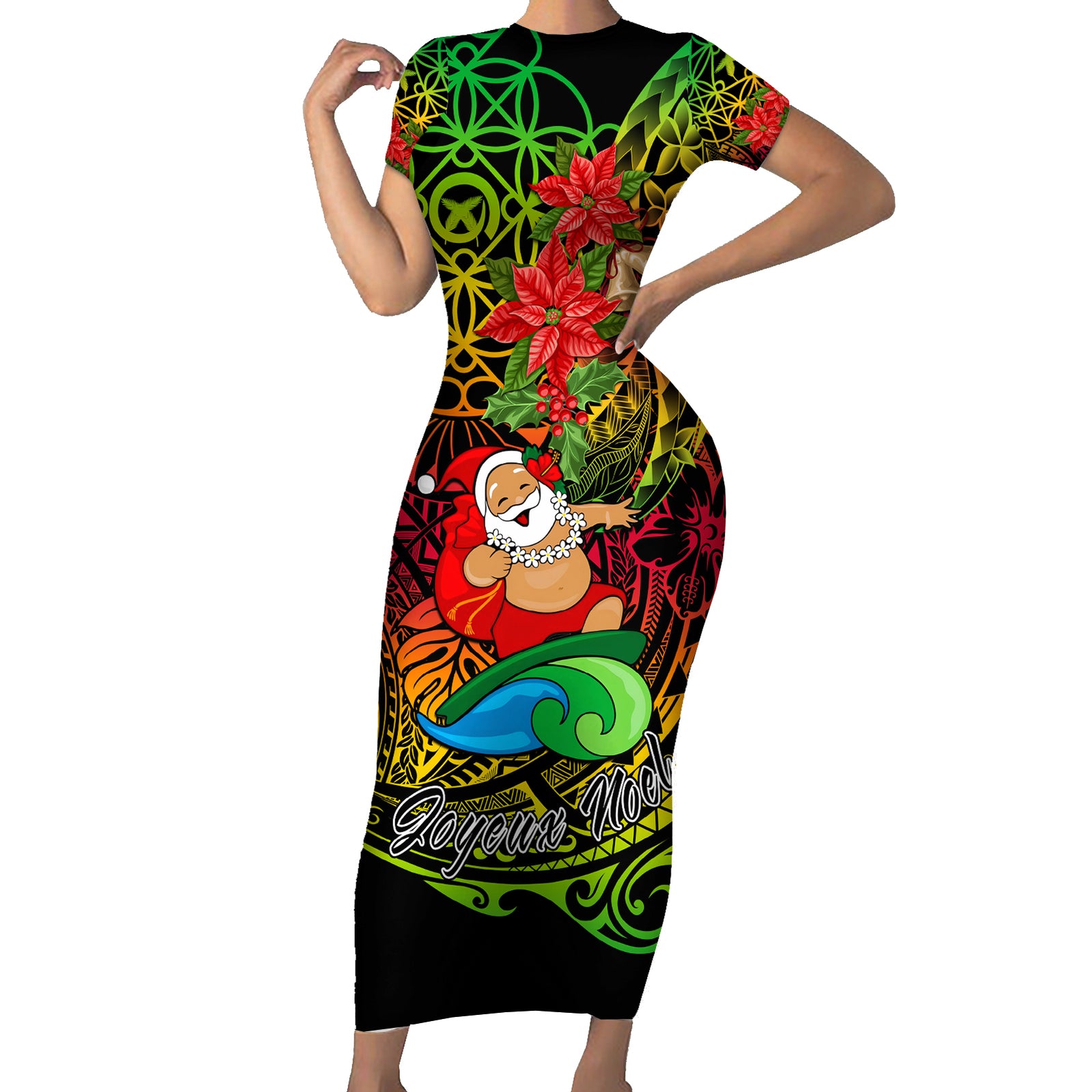 Personalised Vanuatu Joyeux Noel Short Sleeve Bodycon Dress Christmas Santas God Yumi LT9 Long Dress Reggae - Polynesian Pride
