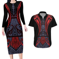 Custom New Zealand Couples Matching Long Sleeve Bodycon Dress and Hawaiian Shirt Maori Kiwiana Pattern Tukutuku Motif LT9 Red - Polynesian Pride