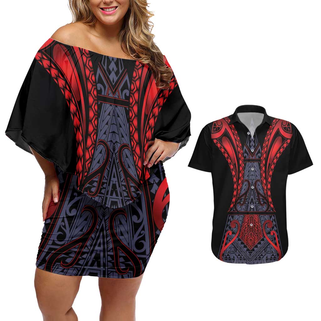 Custom New Zealand Couples Matching Off Shoulder Short Dress and Hawaiian Shirt Maori Kiwiana Pattern Tukutuku Motif