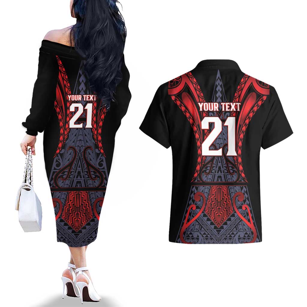 Custom New Zealand Couples Matching Off The Shoulder Long Sleeve Dress and Hawaiian Shirt Maori Kiwiana Pattern Tukutuku Motif LT9 - Polynesian Pride
