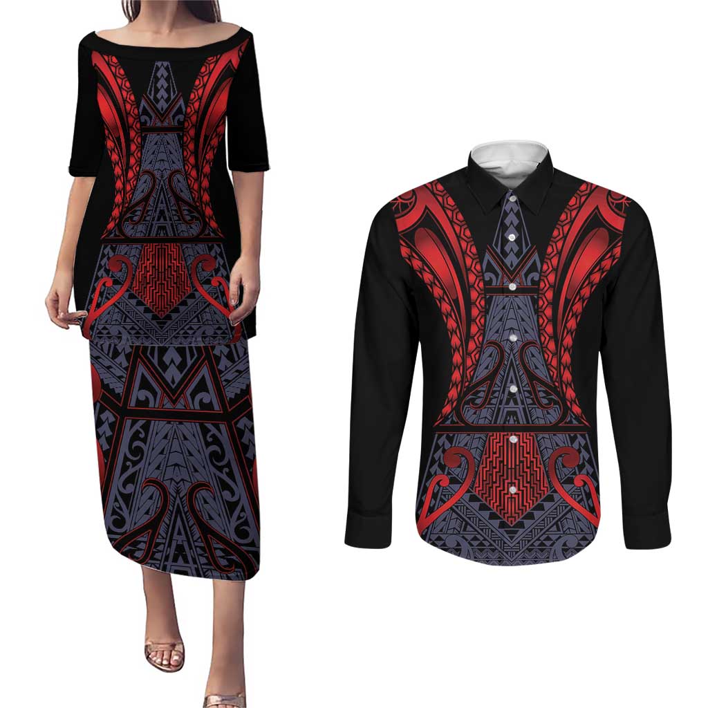 Custom New Zealand Couples Matching Puletasi and Long Sleeve Button Shirt Maori Kiwiana Pattern Tukutuku Motif LT9 Red - Polynesian Pride