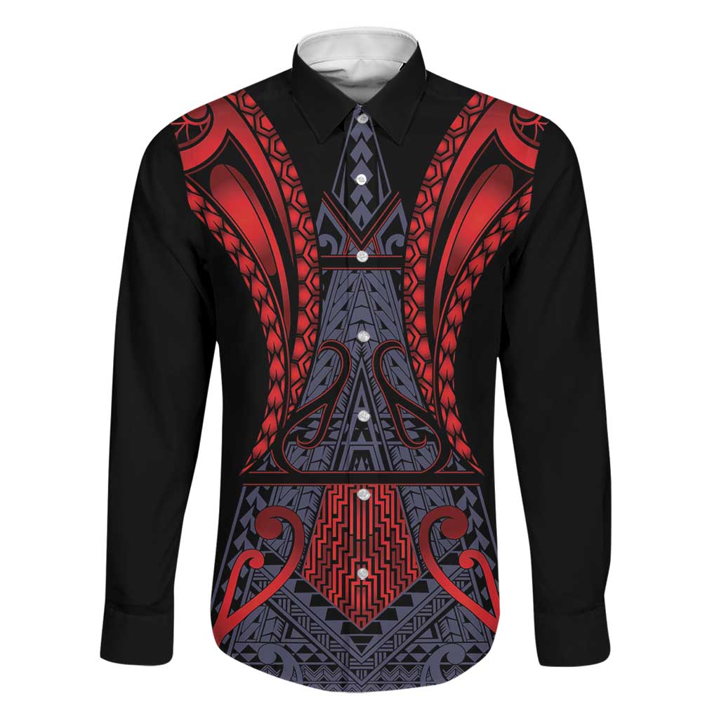 Custom New Zealand Family Matching Mermaid Dress and Hawaiian Shirt Maori Kiwiana Pattern Tukutuku Motif LT9 Dad's Shirt - Long Sleeve Red - Polynesian Pride