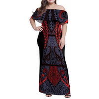 Custom New Zealand Family Matching Off Shoulder Maxi Dress and Hawaiian Shirt Maori Kiwiana Pattern Tukutuku Motif LT9 Mom's Dress Red - Polynesian Pride