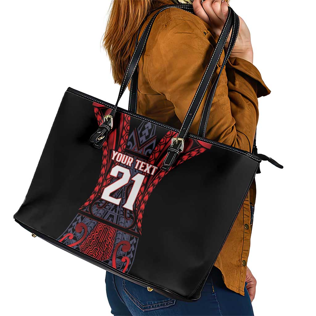 Custom New Zealand Leather Tote Bag Maori Kiwiana Pattern Tukutuku Motif