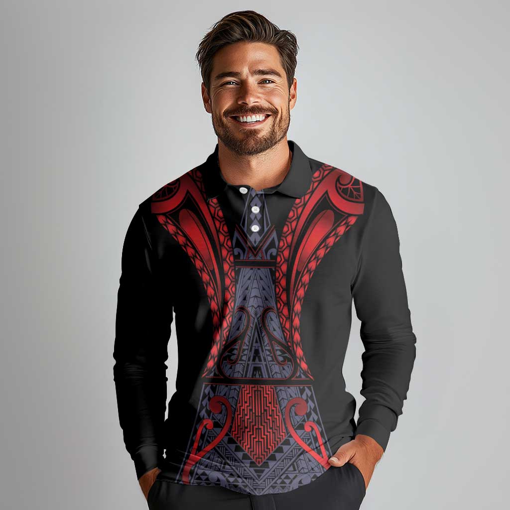 Custom New Zealand Long Sleeve Polo Shirt Maori Kiwiana Pattern Tukutuku Motif
