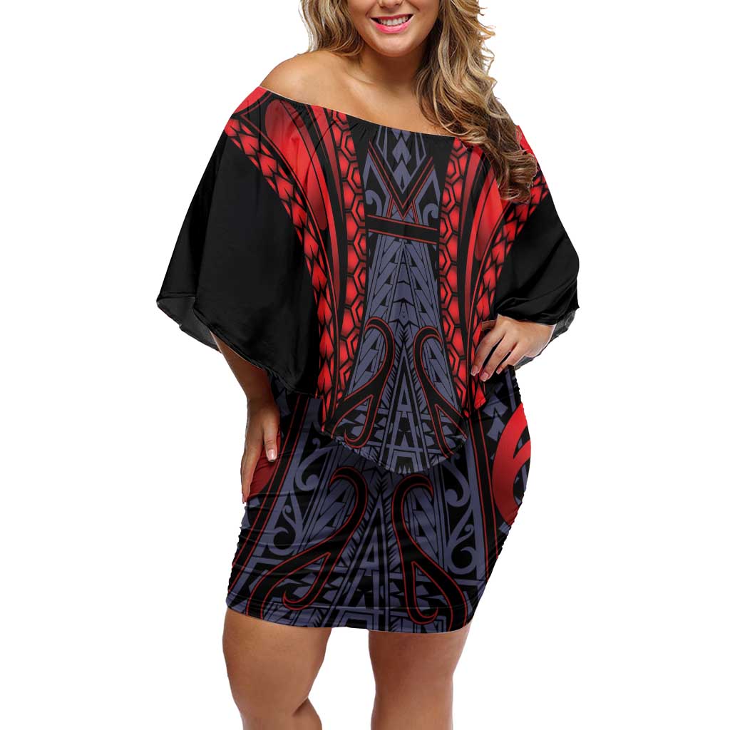 Custom New Zealand Off Shoulder Short Dress Maori Kiwiana Pattern Tukutuku Motif LT9 Women Red - Polynesian Pride