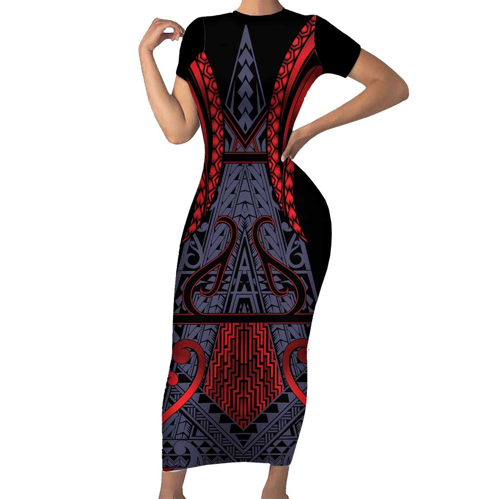 Custom New Zealand Short Sleeve Bodycon Dress Maori Kiwiana Pattern Tukutuku Motif LT9 Long Dress Red - Polynesian Pride