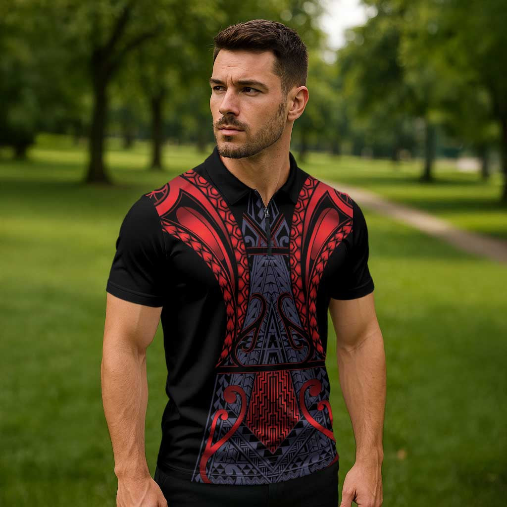 Custom New Zealand Zipper Polo Shirt Maori Kiwiana Pattern Tukutuku Motif