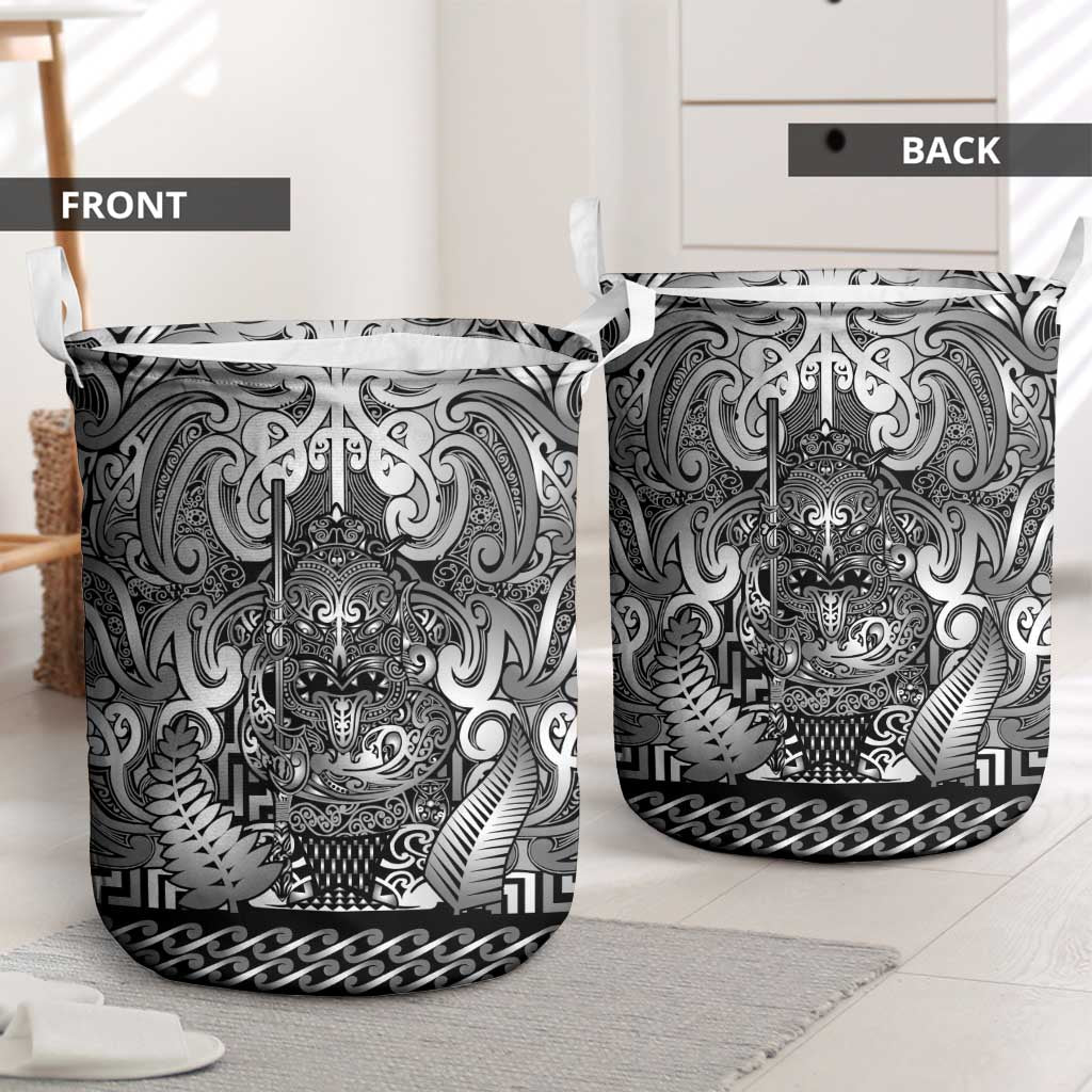 New Zealand Taiaha Maori Laundry Basket Kiwikiwi Minimalist Silver Fern Tukutuku Motif