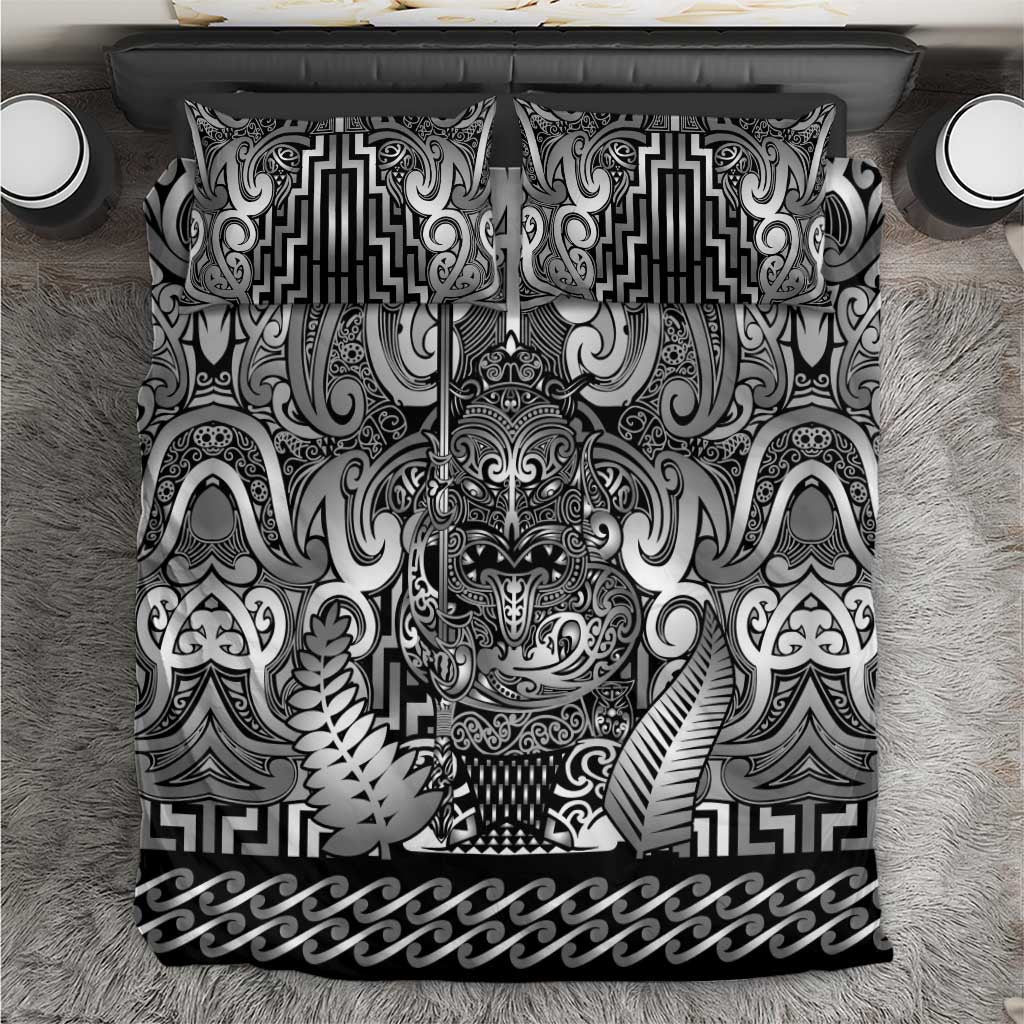 New Zealand Taiaha Maori Bedding Set Kiwikiwi Minimalist Silver Fern Tukutuku Motif