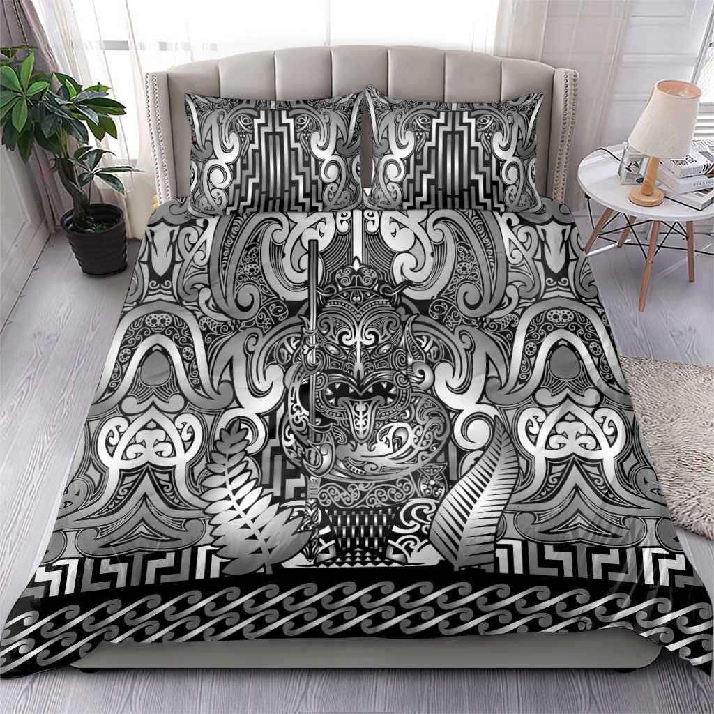 New Zealand Taiaha Maori Bedding Set Kiwikiwi Minimalist Silver Fern Tukutuku Motif