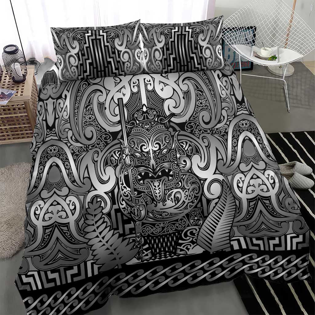 New Zealand Taiaha Maori Bedding Set Kiwikiwi Minimalist Silver Fern Tukutuku Motif