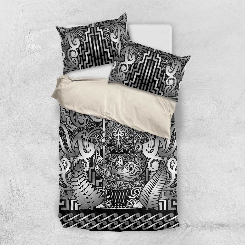 New Zealand Taiaha Maori Bedding Set Kiwikiwi Minimalist Silver Fern Tukutuku Motif