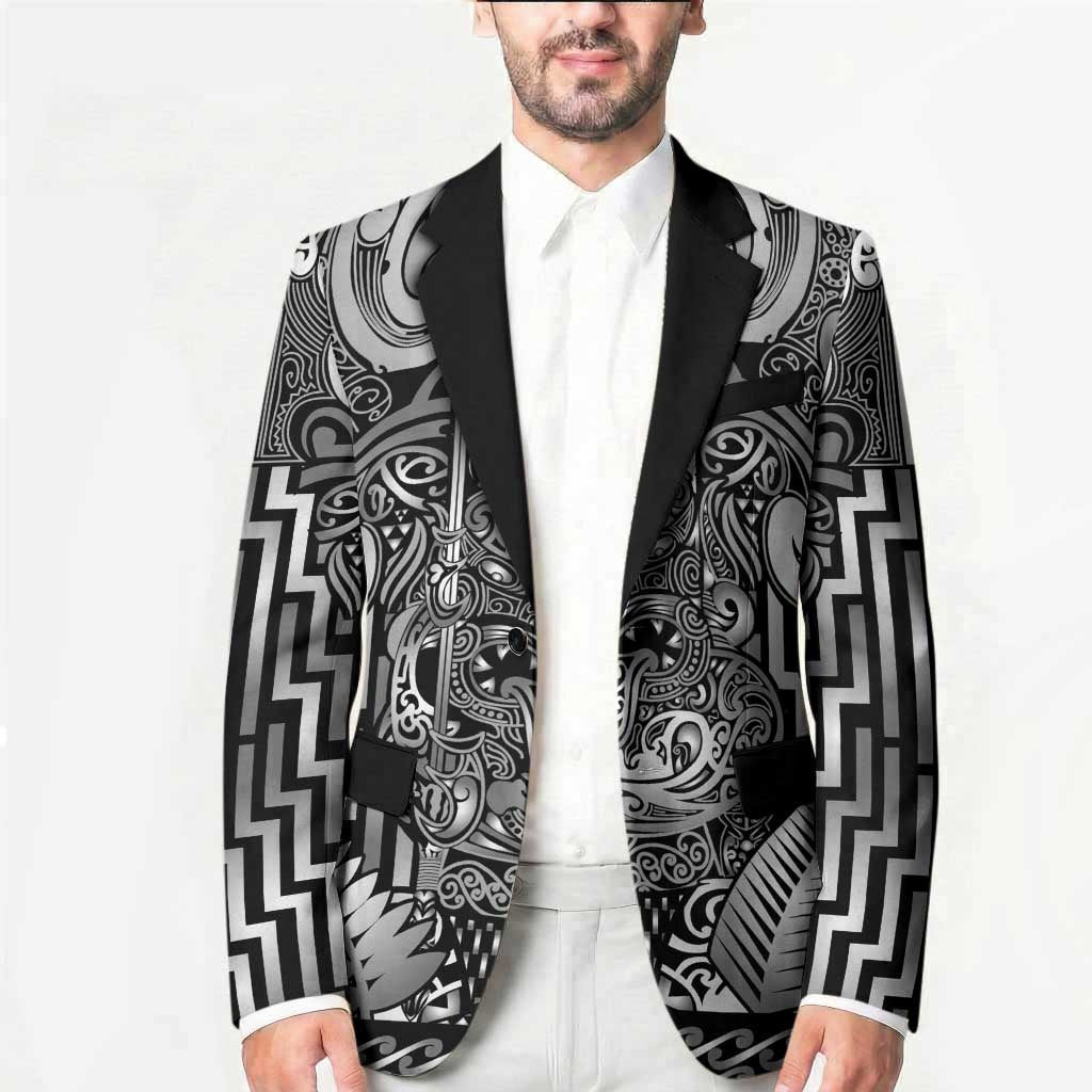 Custom New Zealand Taiaha Maori Blazer Kiwikiwi Minimalist Silver Fern Tukutuku Motif