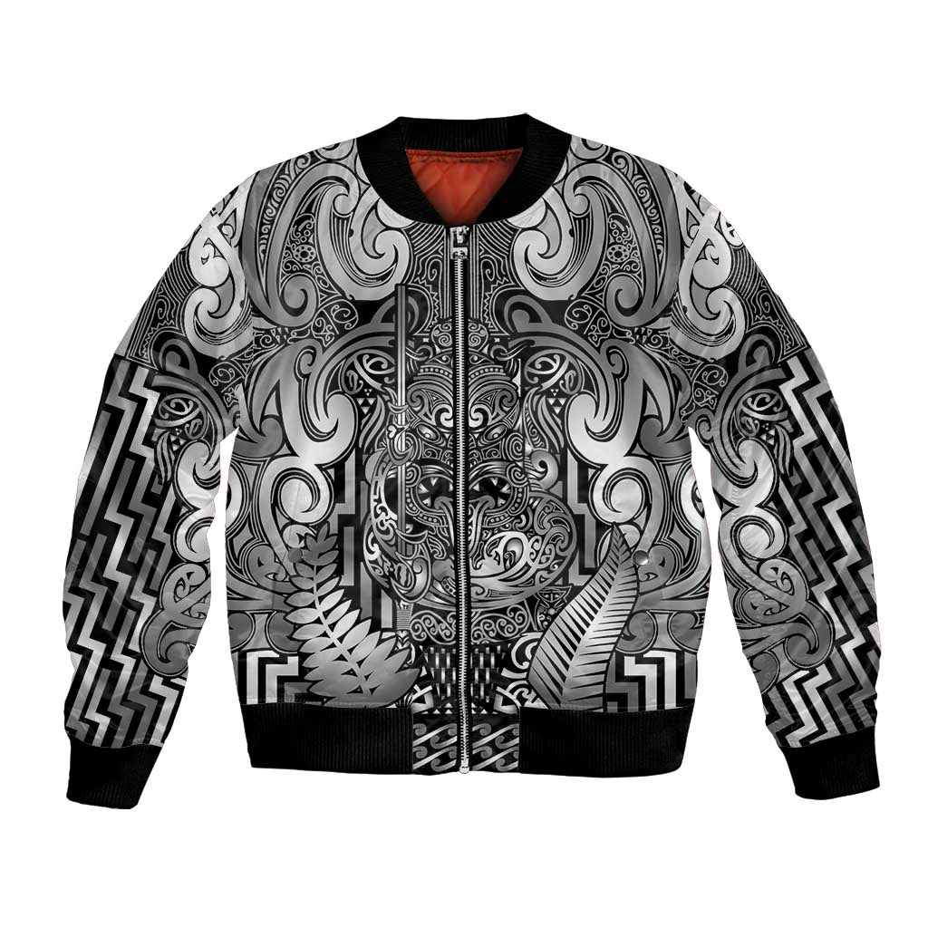 Custom New Zealand Taiaha Maori Bomber Jacket Kiwikiwi Minimalist Silver Fern Tukutuku Motif