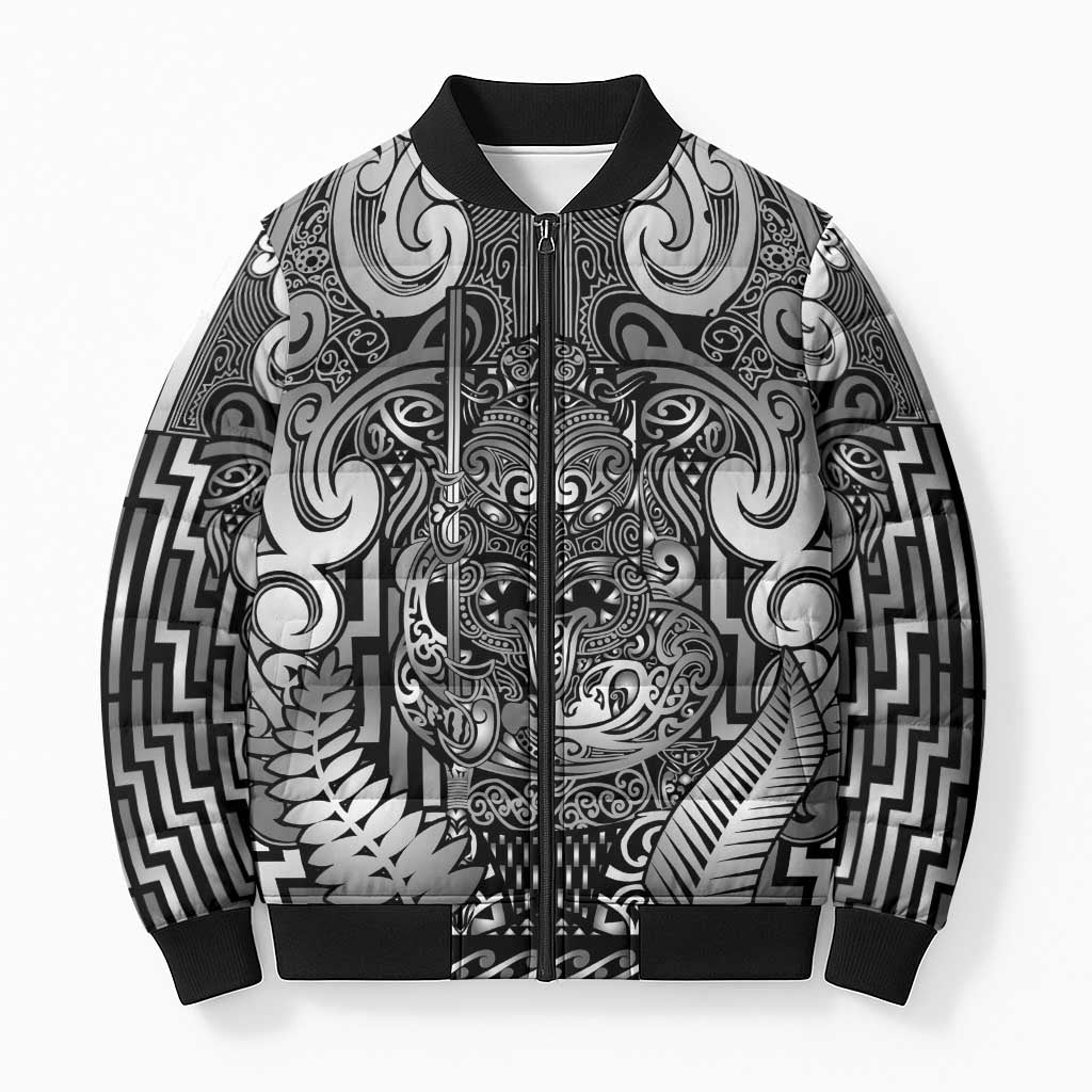 Custom New Zealand Taiaha Maori Bomber Puffer Jacket Kiwikiwi Minimalist Silver Fern Tukutuku Motif