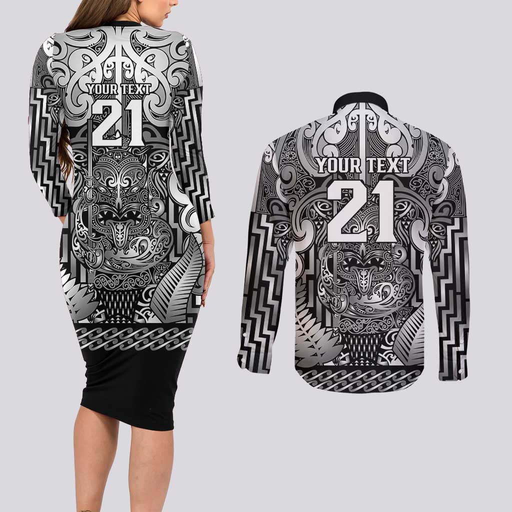 Custom New Zealand Taiaha Maori Couples Matching Long Sleeve Bodycon Dress and Long Sleeve Button Shirt Kiwikiwi Minimalist Silver Fern Tukutuku Motif LT9 - Polynesian Pride