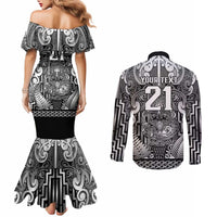 Custom New Zealand Taiaha Maori Couples Matching Mermaid Dress and Long Sleeve Button Shirt Kiwikiwi Minimalist Silver Fern Tukutuku Motif LT9 - Polynesian Pride