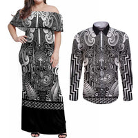 Custom New Zealand Taiaha Maori Couples Matching Off Shoulder Maxi Dress and Long Sleeve Button Shirt Kiwikiwi Minimalist Silver Fern Tukutuku Motif LT9 White - Polynesian Pride