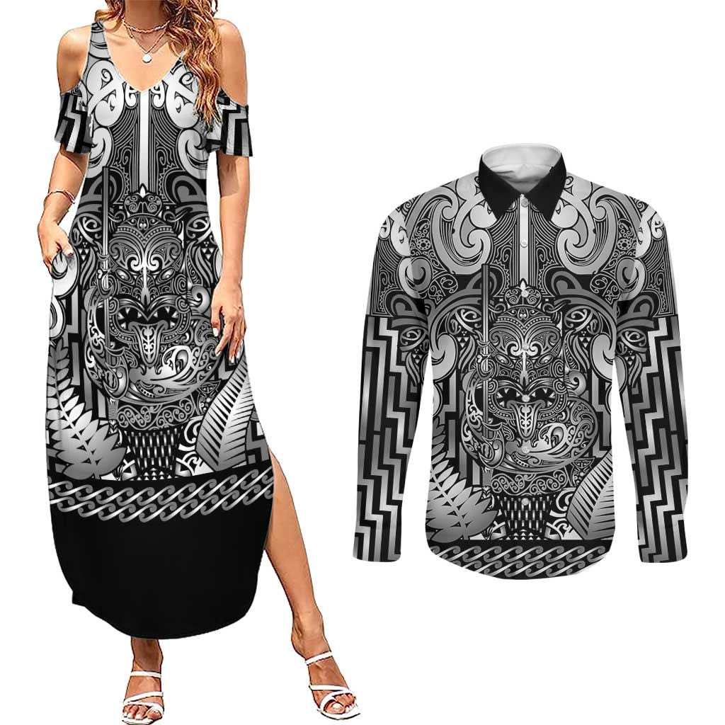 Custom New Zealand Taiaha Maori Couples Matching Summer Maxi Dress and Long Sleeve Button Shirt Kiwikiwi Minimalist Silver Fern Tukutuku Motif LT9 White - Polynesian Pride