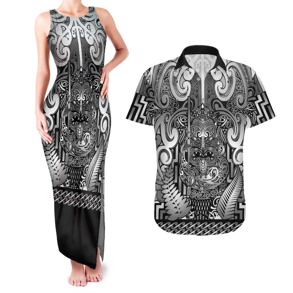 Custom New Zealand Taiaha Maori Couples Matching Tank Maxi Dress and Hawaiian Shirt Kiwikiwi Minimalist Silver Fern Tukutuku Motif LT9 White - Polynesian Pride