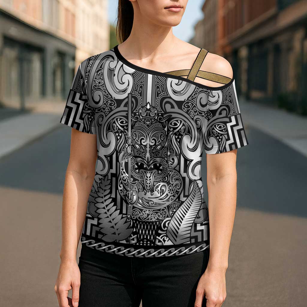 Custom New Zealand Taiaha Maori Cross Shoulder Shirt Kiwikiwi Minimalist Silver Fern Tukutuku Motif LT9 - Polynesian Pride