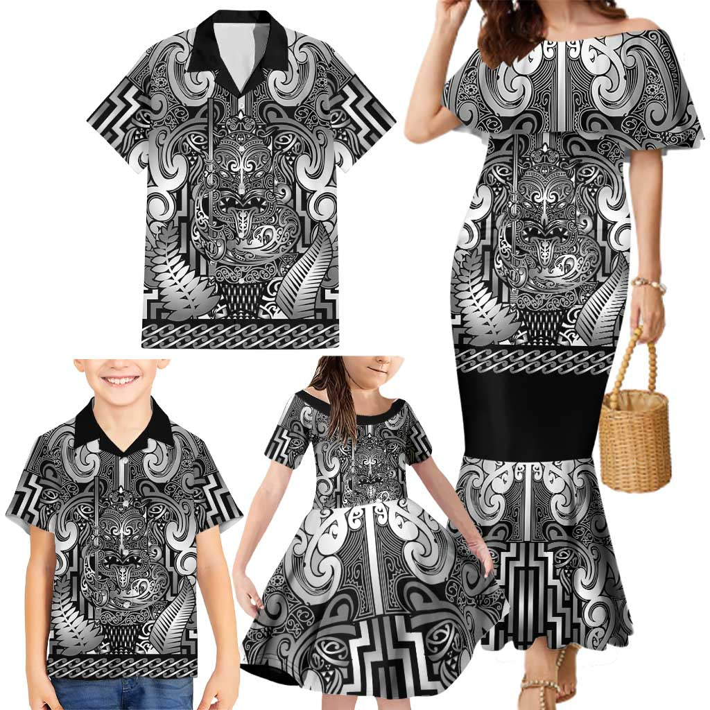 Custom New Zealand Taiaha Maori Family Matching Mermaid Dress and Hawaiian Shirt Kiwikiwi Minimalist Silver Fern Tukutuku Motif LT9 - Polynesian Pride