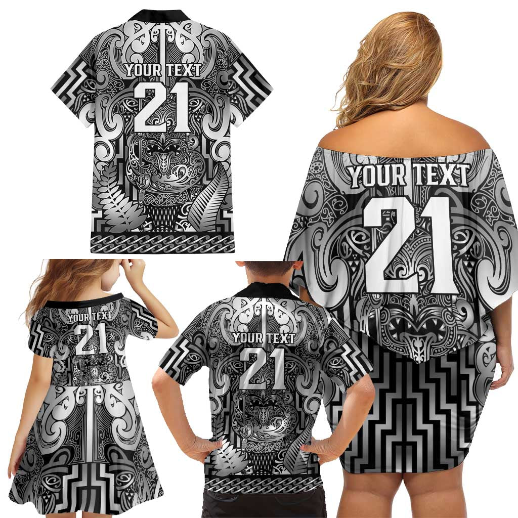 Custom New Zealand Taiaha Maori Family Matching Off Shoulder Short Dress and Hawaiian Shirt Kiwikiwi Minimalist Silver Fern Tukutuku Motif LT9 - Polynesian Pride