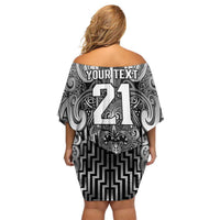 Custom New Zealand Taiaha Maori Family Matching Off Shoulder Short Dress and Hawaiian Shirt Kiwikiwi Minimalist Silver Fern Tukutuku Motif LT9 - Polynesian Pride