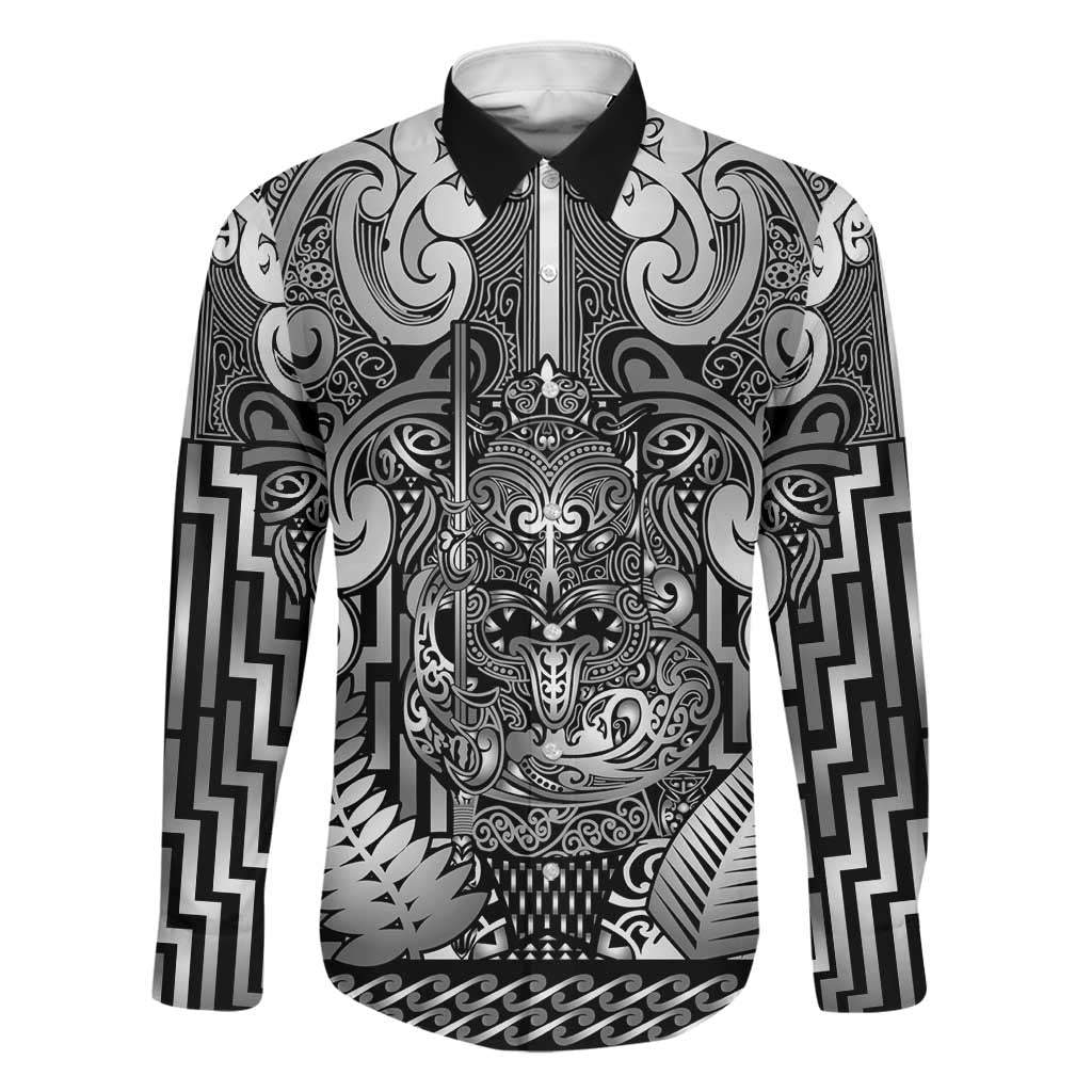 Custom New Zealand Taiaha Maori Family Matching Puletasi and Hawaiian Shirt Kiwikiwi Minimalist Silver Fern Tukutuku Motif LT9 Dad's Shirt - Long Sleeve White - Polynesian Pride