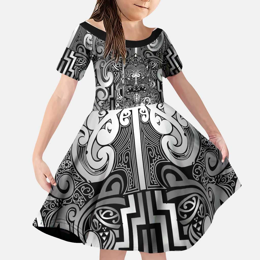 Custom New Zealand Taiaha Maori Family Matching Short Sleeve Bodycon Dress and Hawaiian Shirt Kiwikiwi Minimalist Silver Fern Tukutuku Motif LT9 Daughter's Dress White - Polynesian Pride