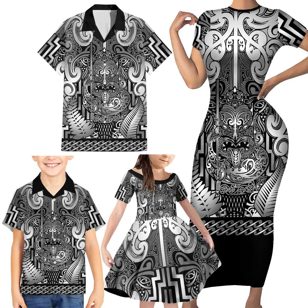 Custom New Zealand Taiaha Maori Family Matching Short Sleeve Bodycon Dress and Hawaiian Shirt Kiwikiwi Minimalist Silver Fern Tukutuku Motif LT9 - Polynesian Pride