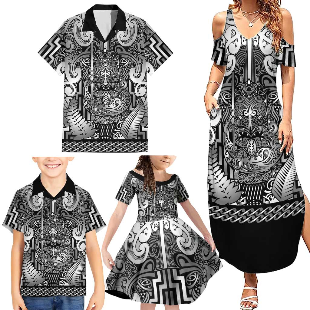 Custom New Zealand Taiaha Maori Family Matching Summer Maxi Dress and Hawaiian Shirt Kiwikiwi Minimalist Silver Fern Tukutuku Motif LT9 - Polynesian Pride