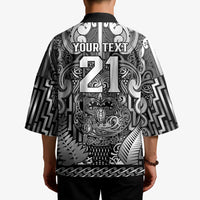 Custom New Zealand Taiaha Maori Kimono Kiwikiwi Minimalist Silver Fern Tukutuku Motif