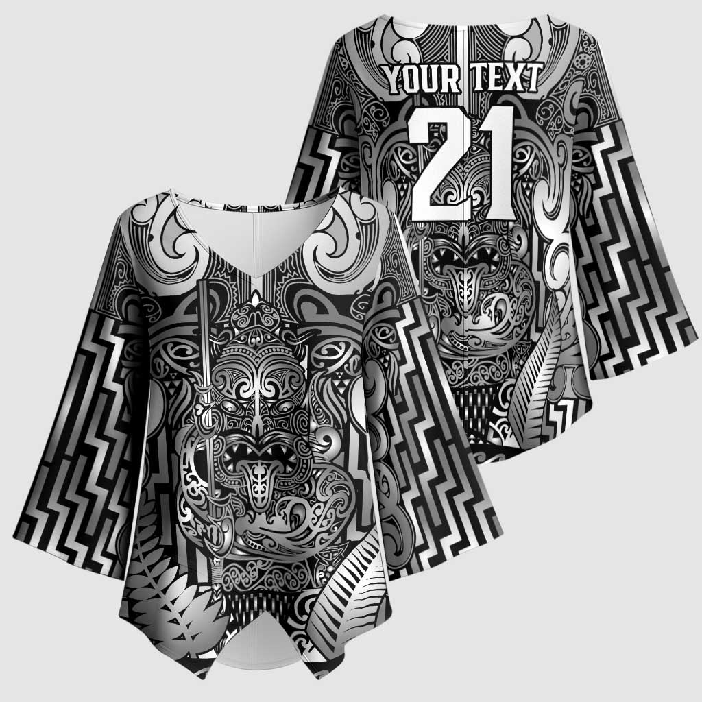 Custom New Zealand Taiaha Maori Kimono Sleeve Blouse Kiwikiwi Minimalist Silver Fern Tukutuku Motif LT9 - Polynesian Pride