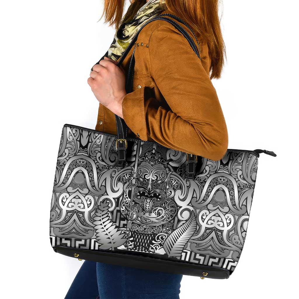 New Zealand Taiaha Maori Leather Tote Bag Kiwikiwi Minimalist Silver Fern Tukutuku Motif
