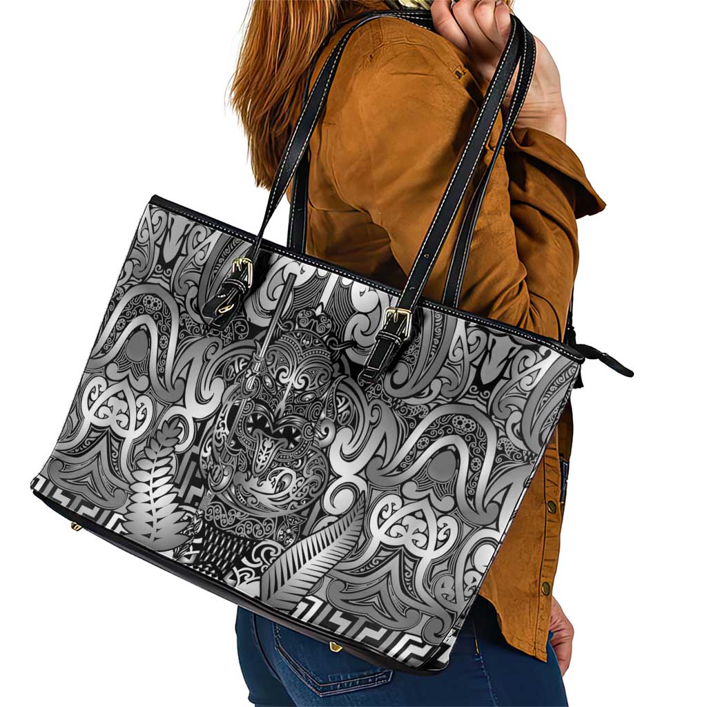 New Zealand Taiaha Maori Leather Tote Bag Kiwikiwi Minimalist Silver Fern Tukutuku Motif LT9 - Polynesian Pride