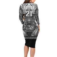 Custom New Zealand Taiaha Maori Long Sleeve Bodycon Dress Kiwikiwi Minimalist Silver Fern Tukutuku Motif LT9 - Polynesian Pride