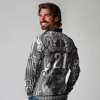 Custom New Zealand Taiaha Maori Long Sleeve Polo Shirt Kiwikiwi Minimalist Silver Fern Tukutuku Motif