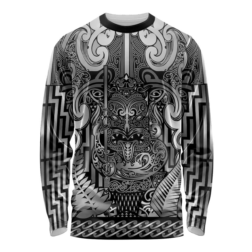 Custom New Zealand Taiaha Maori Long Sleeve Shirt Kiwikiwi Minimalist Silver Fern Tukutuku Motif LT9 Unisex White - Polynesian Pride