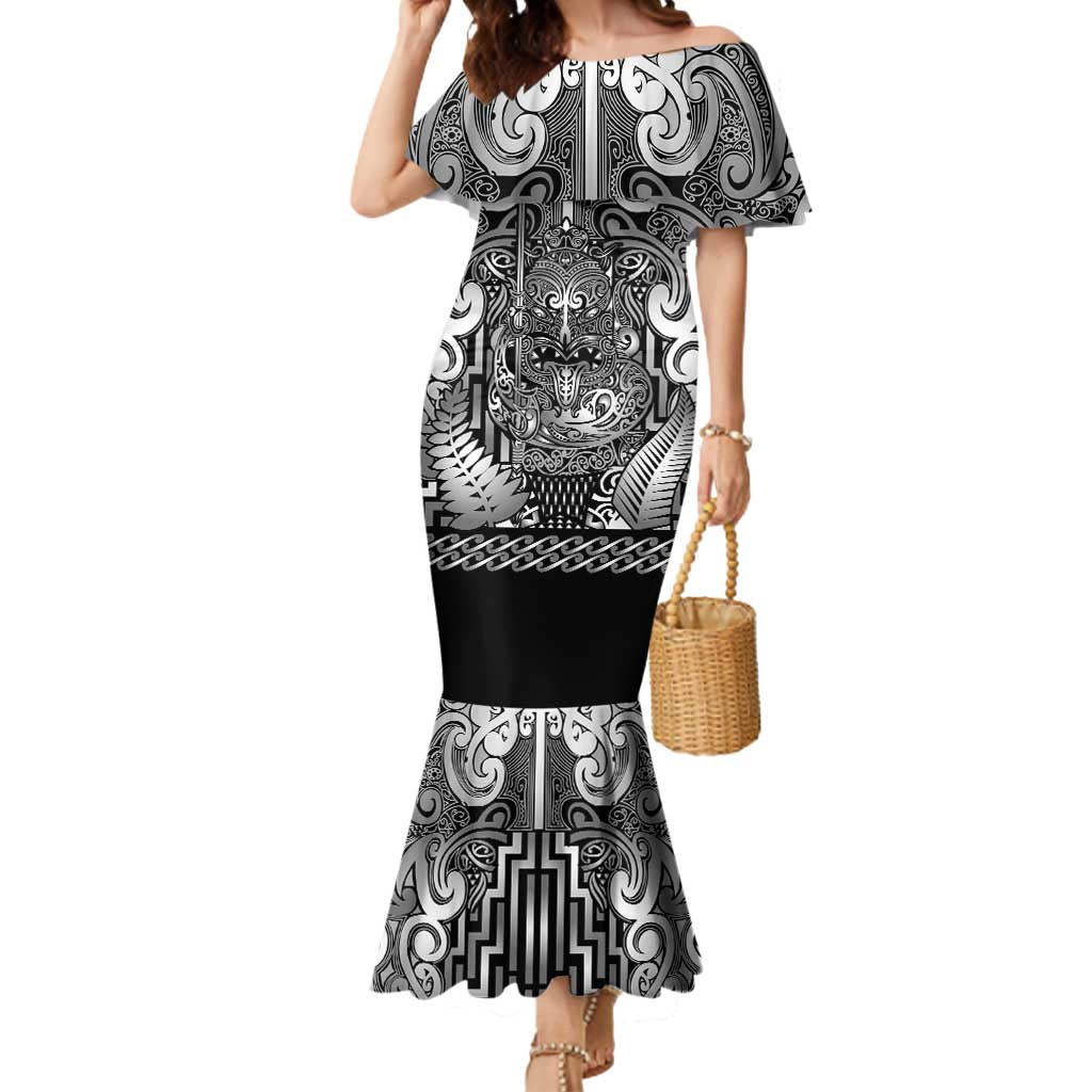 Custom New Zealand Taiaha Maori Mermaid Dress Kiwikiwi Minimalist Silver Fern Tukutuku Motif