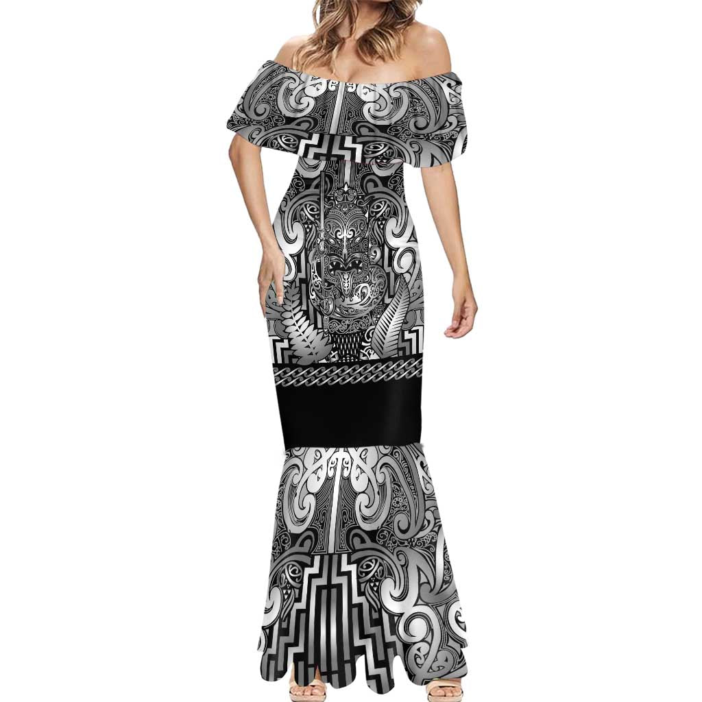 Custom New Zealand Taiaha Maori Mermaid Dress Kiwikiwi Minimalist Silver Fern Tukutuku Motif LT9 - Polynesian Pride