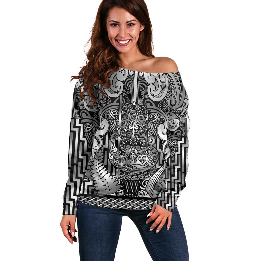 Custom New Zealand Taiaha Maori Off Shoulder Sweater Kiwikiwi Minimalist Silver Fern Tukutuku Motif