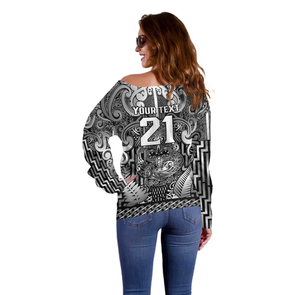 Custom New Zealand Taiaha Maori Off Shoulder Sweater Kiwikiwi Minimalist Silver Fern Tukutuku Motif