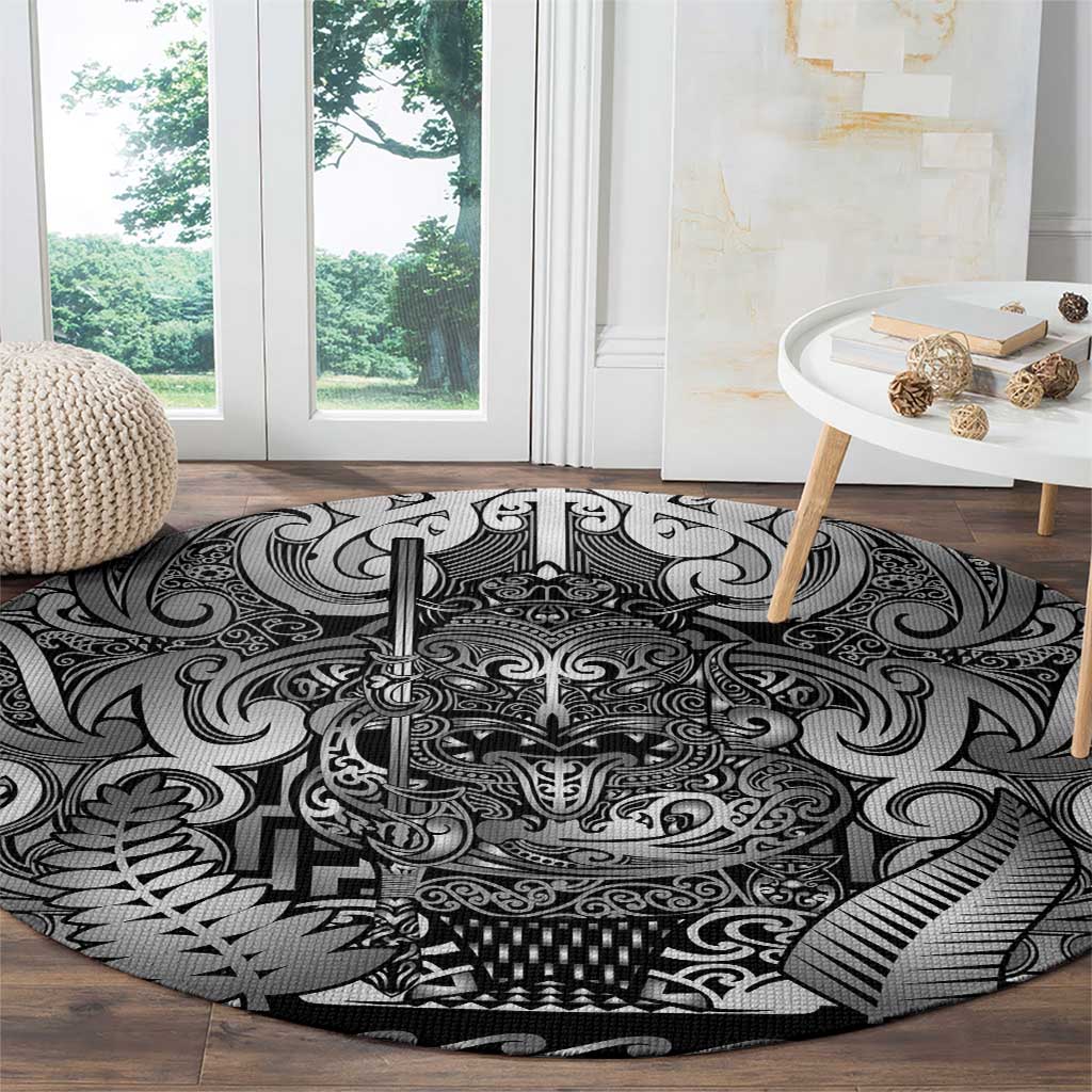 New Zealand Taiaha Maori Round Carpet Kiwikiwi Minimalist Silver Fern Tukutuku Motif