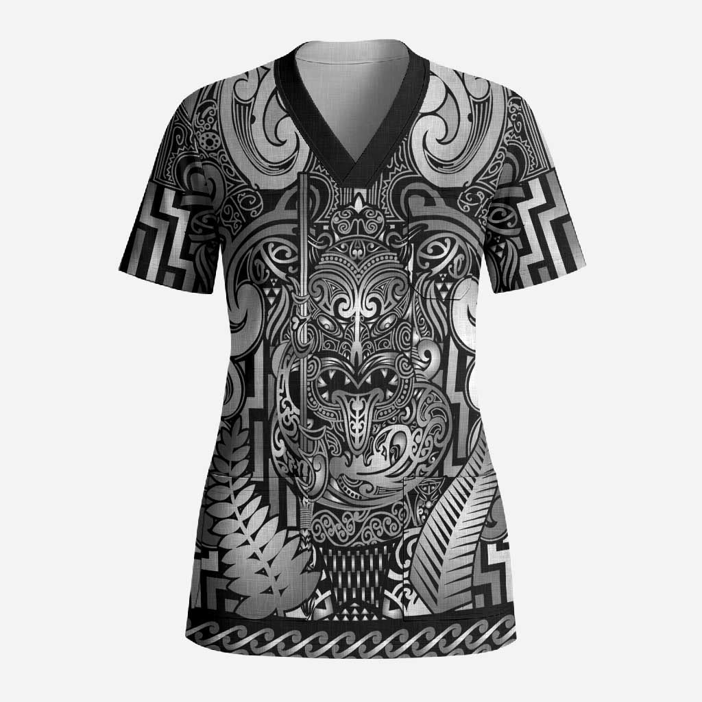 Custom New Zealand Taiaha Maori Scrub Top Kiwikiwi Minimalist Silver Fern Tukutuku Motif