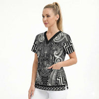 Custom New Zealand Taiaha Maori Scrub Top Kiwikiwi Minimalist Silver Fern Tukutuku Motif