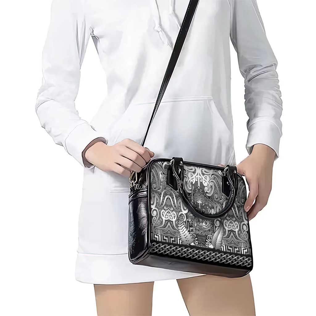 New Zealand Taiaha Maori Shoulder Handbag Kiwikiwi Minimalist Silver Fern Tukutuku Motif
