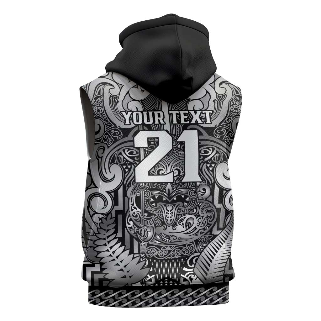 Custom New Zealand Taiaha Maori Sleeveless Hoodie Kiwikiwi Minimalist Silver Fern Tukutuku Motif LT9 - Polynesian Pride