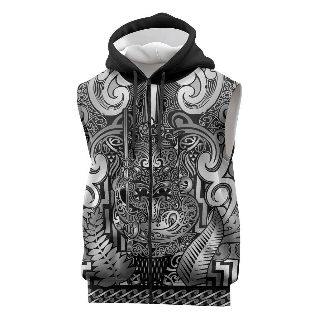 Custom New Zealand Taiaha Maori Sleeveless Zip Hoodie Kiwikiwi Minimalist Silver Fern Tukutuku Motif